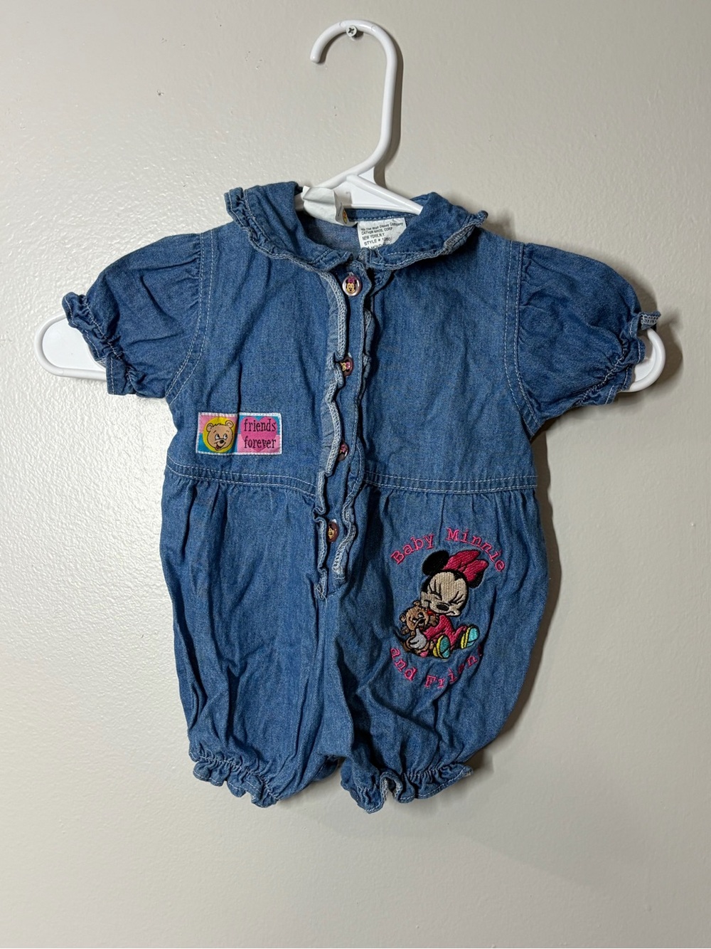 Vintage Disney Denim Minnie Embroidered Romper in Blue size 0-6 months